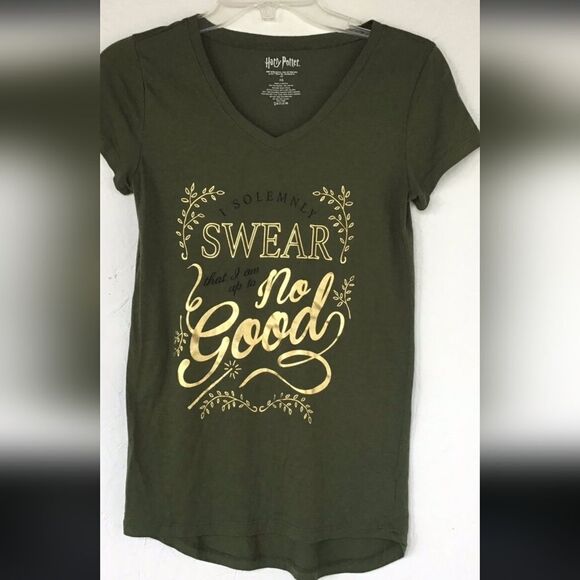 NWT HARRY POTTER T-Shirt Olive with Metallic Gold lettering size Large - Picture 1 of 8